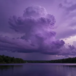matte painting of massive purple cumulonimbus clouds over a peaceful lake, 4k, trending on artstation