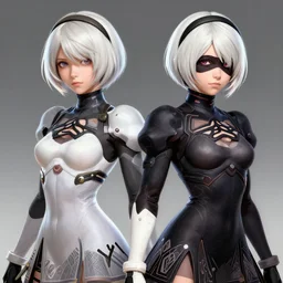 a highly detailed beautiful portrait of tracer from overwatch as 2 b nier automata wearing a skintight suit, concept art, by gregory manchess, james gurney, james jean