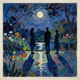 silhouetted figures in the night enshrouded in an impressionist representation of Mother Nature and the meaning of life by Edward Hopper and Igor Scherbakov, the figures cast their shadows on the still water, abstract colorful lake garden at night, the moon reflects in the water, thick visible brush strokes, figure painting by Anthony Cudahy and Rae Klein, vintage postcard illustration, minimalist cover art by Mitchell Hooks