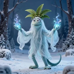 ethereal ghostly live action muppet wraith like figure with a fern head with two very long tentacles for arms that flow gracefully at its sides with a long fuzzy snake tail for legs, it stalks around the frozen tundra searching for lost souls and that hide in the shadows in the trees, this character uses hydrokinesis and electrokinesis, it is a real muppet by sesame street, photo realistic, real, realistic, felt, stopmotion, photography, sesame street