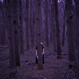 girl hiding in a purple forest, drooping trees, photorealism