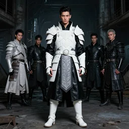 fashion model with white ancestral ornate medieval tactical gear, black leather samurai garment, long shot, dark abandoned cyberpunk factory, by irving penn and storm thorgerson, ren heng, peter elson,