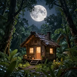 a tiny rustic wooden house with the light on, in the center of rainforest, full moon night, highly detailed, digital painting, artstation, concept art, smooth, sharp focus, illustration, art by artgerm and greg rutkowski and alphonse mucha