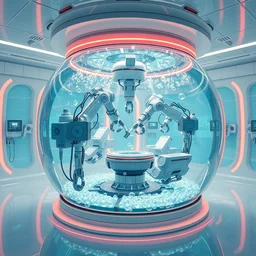 futuristic ribofunk aquarium medical chamber with bubbles and mechanical arms doing work, a single large glass chamber with multiple robotic manipulators inside, highly integrated futuristic automatic medical care unit in a cyberpunk hospital lab, highly detailed, vibrant, hyperdetailed scifi concept art, artstation, hdr, rtx, octane render, cgsociety, solidworks