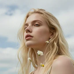 close - up fashion blonde woman portrait airy flowers cloudy sky art by evan monteiro arcane