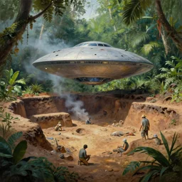 a beautiful painting of an archaeological excavation of a smoking crashed ufo, in a lush jungle, ray traced lighting by kalin popov and greg rutkowski