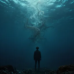 the man at the bottom of the sea, abstract, surreal, uncanny, horror, 4 k hd,
