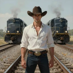 a dramatic ethereal epic symmetrical painting of a handsome villainous cowboy standing in front of railroad tracks train locomotive | his shirt is unbuttoned and he is holding a pocketwatch | tarot card, art deco, art nouveau, (steampunk), homoerotic, realistic, intricate, highly detailed | by Mark Maggiori (((and Alphonse Mucha))) | trending on artstation