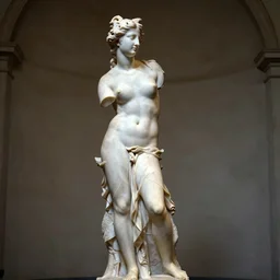 the photo of a full body marble sculpture of the goodness venus with curvy hair and a smile sculpted by leonardo da vinci