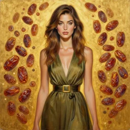 epic painting, full figure portrait of beautiful supermodel wearing olive dress. drawing, sweet egyptian dried dates, photography by amy leibowitz, wlop, jeremy lipkin, beeple, intricate, symmetrical front portrait, artgerm, golden glowing background