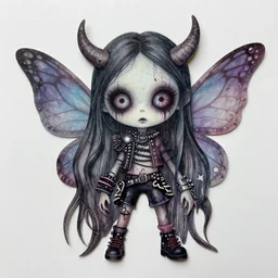 a pretty but sinister and creepy monster faery in layers of fear decoupage, with haunted eyes, wearing punk clothing, violence in his eyes, 1 9 7 0 s, seventies, delicate embellishments, a little blood, woodland, blue dawn light shining on wildflowers, painterly, offset printing technique, by jules bastien - lepage, alexandre cabanel