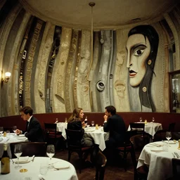 the restaurant walls are bending, film still from the movie directed by denis villeneuve and david cronenberg with art direction by salvador dali and zdzisław beksinski, wide lens
