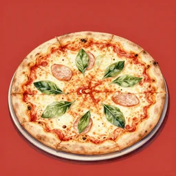delicious italian pizza, kseniia yeromenko, rob duenas, watercolor, illustration, red background, highly detailed, 4 k