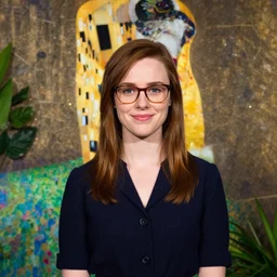a portrait of female asa Butterfield mixed with pam beesly, content, kind, slight smile, glasses surrounded by plants, by gustav klimt