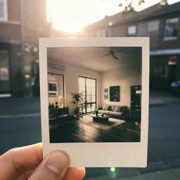 hand holding polaroid photo of interior design house, sunday morning, sun, bokeh, lens flare hit camera, yellow light, diffuse light, instagram trending picture, instagram filter, foggy, vintage photography, grainy, light leaks