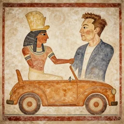 sumerian mural of elon musk with ancient car