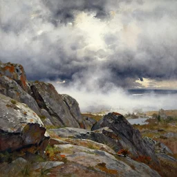 watercolor painting of rocky landscapte, art by anders zorn, wonderful masterpiece by greg rutkowski, beautiful cinematic light, american romanticism by greg manchess, creation by tyler edlin, stormy puffy clouds and harbour in distant background, foggy