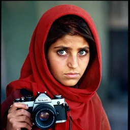 portrait of donald trump as afghan girl, green eyes in a red headscarf looking intensely at the camera, taken by steve mccurry, kodachrome 6 4 color slide film, with a nikon fm 2 camera and nikkor 1 0 5 mm ai - s f 2. 5 lens