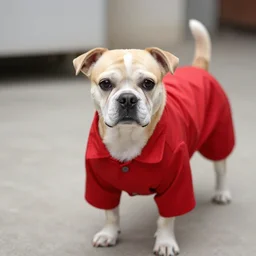 a dog with a red lab coat, stock photo
