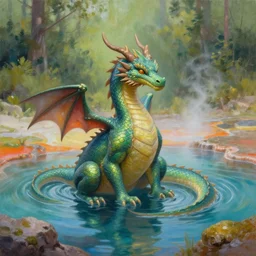 a peaceful dragon sitting in pool of water, highly detailed oil painting of a colorful hotspring with forest backdrop, featured on artstation