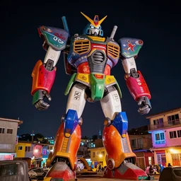 colourful giant mecha ROBOT of AJEGUNLE SLUMS of Lagos, markings on robot, slums are neon lit, Night time,