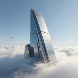 singular!!! cyberpunk skyscraper rising from an opaque cloud in an otherwise clear sunny day. lateral view showing the building from top to bottom. dynamic perspective, surrealism, concept art by dom qwek, trending on cg society, neofuturism, futuristic, volumetric lighting, aesthetic. digital matte painting