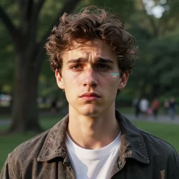 photo of a disappointed umimpressive young man in central park, face is glitched