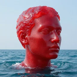 a giant human head sculpture in the sea made out of juicy red jelly, in the style of chad knight, long shot, hyper detailed, hyper realistic, ray tracing, 8 k resolution, sharp focus, realistic water, award winning