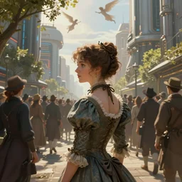 portrait of a victorian lady within a crowd of people in a futuristic city, from behind, streets, angels in the sky, sunlight shining through trees, beautiful, solarpunk!!!, highly detailed, digital painting