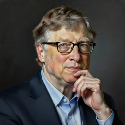 oil paintingm presidential portrait of serious and thoughtful bill gates by aaron shikler. courtesy of the white house historical association. dark background
