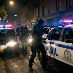 a man takes cover behind a police car with a gun, night, lens flares, city street, epic cinematic hyperrealism masterpiece, realistic shaded lighting by craig mallismo, artgerm, jeremy lipkin and michael garmash and hans zatzka, unreal engine, radiant light, detailed and complex environment, digital art, art station trends