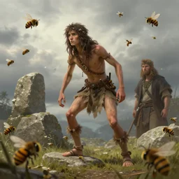 a skinny weak hunter from Stone Age, trying to survive surrounded by bees Greg Rutkowski and Raymond Swanland, Trending on Artstation, cloudy background, ultra realistic digital art