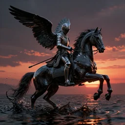 octane, blender, zbrush render, render uhd, 8 k art photography, filmic lighting, cinematic art shot, hyperrealistic, hyperdetailed, super detailed, uhd, uhd, 8 k, high resolution, a fallen angel and a shiny knight on a liquid horse, black fluid simulation, painting by ross tran and ivan aivazovsky, black water, sunset by zdzisław beksinski