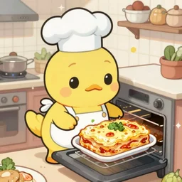 manga cute platypus on a kitchen wearing a chef hat and holding a lasagna into an oven, manga style