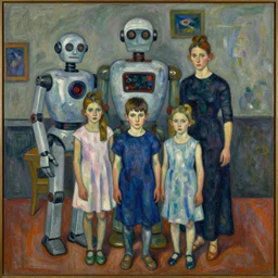 a painting of a robot family portrait by graham sutherland, egon schiele, expressionism