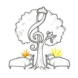 single line drawing, acorn turns into a tree in shape of treble clef, two half bed one with bursts of color, trending on art station, continuous line drawing
