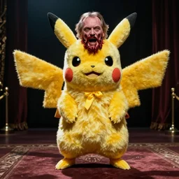 Jack Nicholson dressed up in costume of Pikachu, scary, horror, still from the film by Stanley Kubrick in color