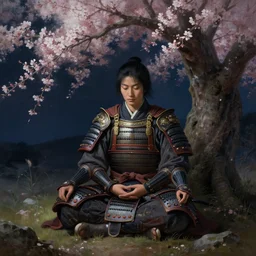 beautiful painting of an armoured samurai meditating under a blossom tree, realistic, digital painting, concept art, matte painting, cinematic night lighting, 8 k, highly detailed, detailed terrain
