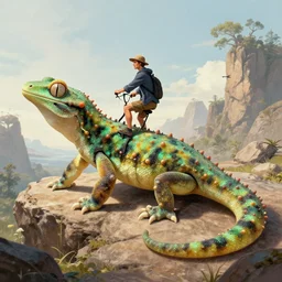 a man rides on a gigantic Gecko, Fantasy Art