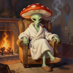 painting of a mushroom alien sitting in a recliner by the fire smoking a pipe and wearing a soft robe and slippers, symmetrical, elegant intricate digital painting, trending on artstation, by normal rockwell