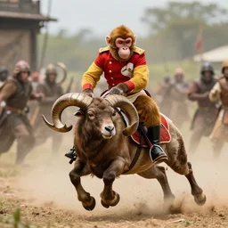 The Monkey in a General's Uniform riding a charging ram into battle