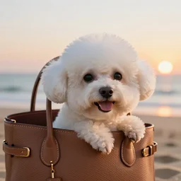 a closeup photorealistic photograph of a smiling bichon frise peeking out of a Hermes handbag at the beach during sunset This 4K HD image is Trending on Artstation, featured on Behance, well-rendered, extra crisp, features intricate detail and the style of Unreal Engine.