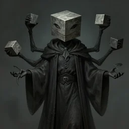 illustration of a subraxis, demon of gambling, six spindly arms, wearing dark robes, cube shaped head, cube, stick arms, smiling, evil, gentleman, serene, trending on art station, prim and proper, conniving, very detailed, haunting, fine detail, intricate, peter mohrbacher