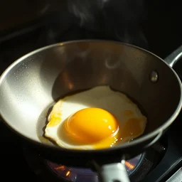 an egg frying in a pan with edward norton as the yolk, cinematic, dramatic lighting