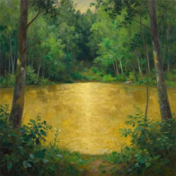 A highly detailed oil painting of a secret lake of pure gold in the middle of a very dense green forest, by Greg Rutkowski.