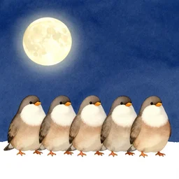 a row of fat bearded reedlings, watercolor, midnight, moonlight, full moon