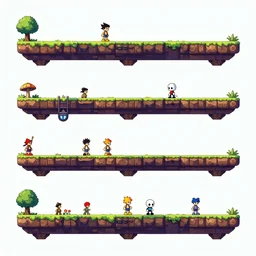 a kitbash set of five different horizontal plataforms.  5 ( five) different detailed Horizontal plataforms,  in a  action platform spritesheet game assets. Style of   Ori and the blind forest, SOTN, wonder boy, side scroller game, dead cells, hollow knight.   separated modular  plataforms, kit bashing, 4K, Retrofuturism, Studio Ghibli, Simon Stålenhag
