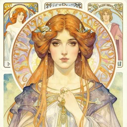 masterpiece head-on symmetrical centered painted portrait, Maya Ali as D&D sorcerer, hand painted  Art Nouveau watercolour, wearing wizard robes, delicate, elegant, tarot card background, in the style of ROSSDRAWS and Ruan Jia and Ross Tran and Alphonse Mucha and Ayami Kojima and Charlie Bowater and Karol Bak and Jean Delville