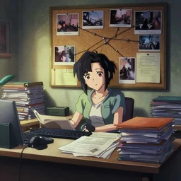 a cinematic shot from the film of the ( ( ( ( cyberpunk ) ) ) ) detective's disorganised desk with stacks of folders and files and the wall with a corkboard of crime connections ( ( ( crimescene photos, cases and notes ) ) ) in her bedroom, in the style of the anime film, featured on artstation