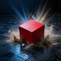 an featureless red box from muholland drive breaking on a zig - zag tile floor, exploding into dust, dark - blue light - blue gold silver white black beige, volumetric dust rays, intricate detail, ultra realistic, cinematic lighting, moody, wet, shiny